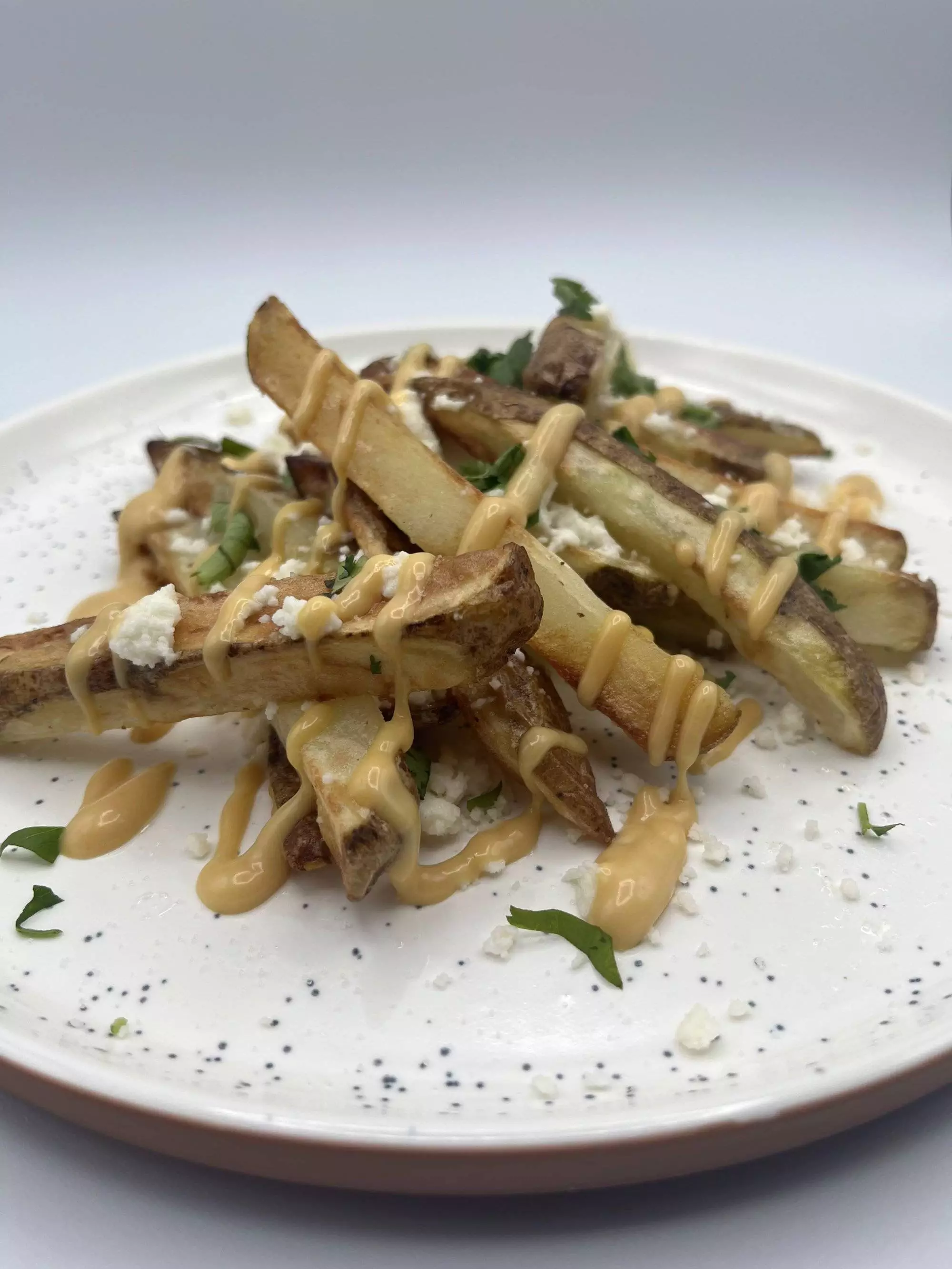 Front View of crispy Air Fryer Fries topped with delicious Chick Fil A sauce, parsley, and crumbly cheese.