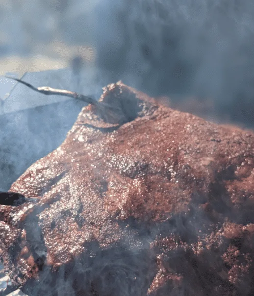 Side view of smoke rising from a freshly smoked brisket.